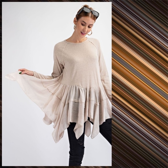 EASEL Long Sleeved Asymmetrical Ruffled Hem Lightweight Tunic Top - Picture 14 of 14